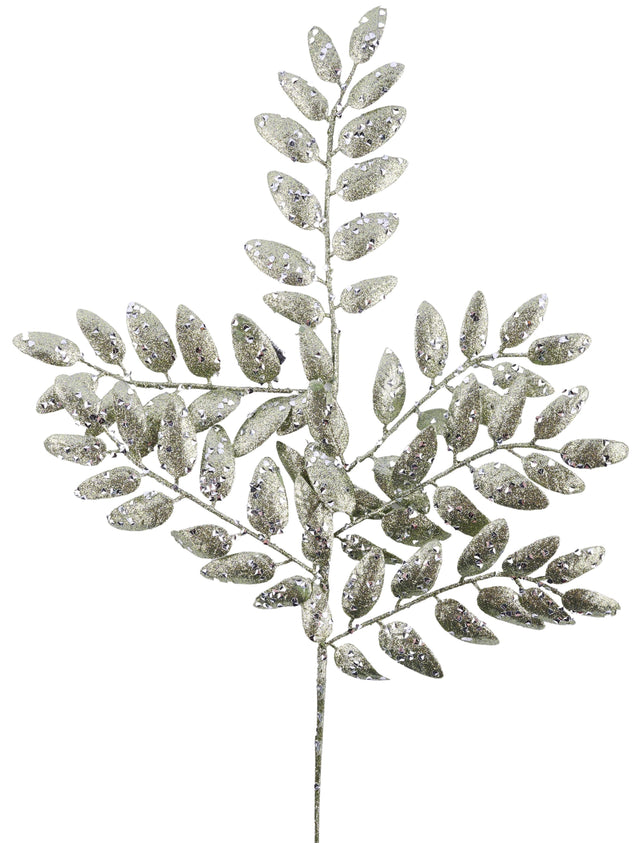 Dark sage green colored pick spray designed to look like a stem with small leaves on it.