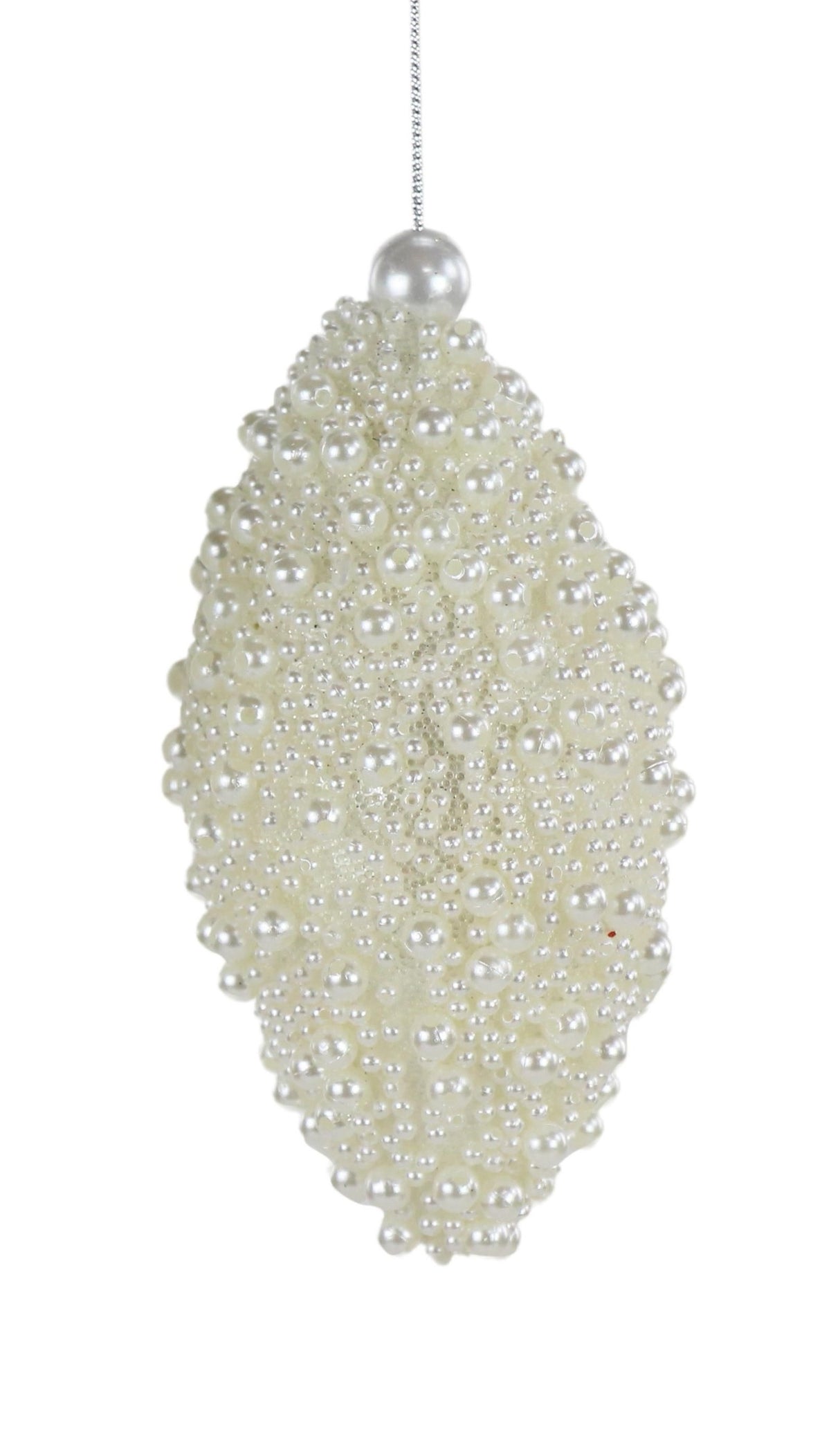 This is the finial shaped ornament covered in pearl colored beads.