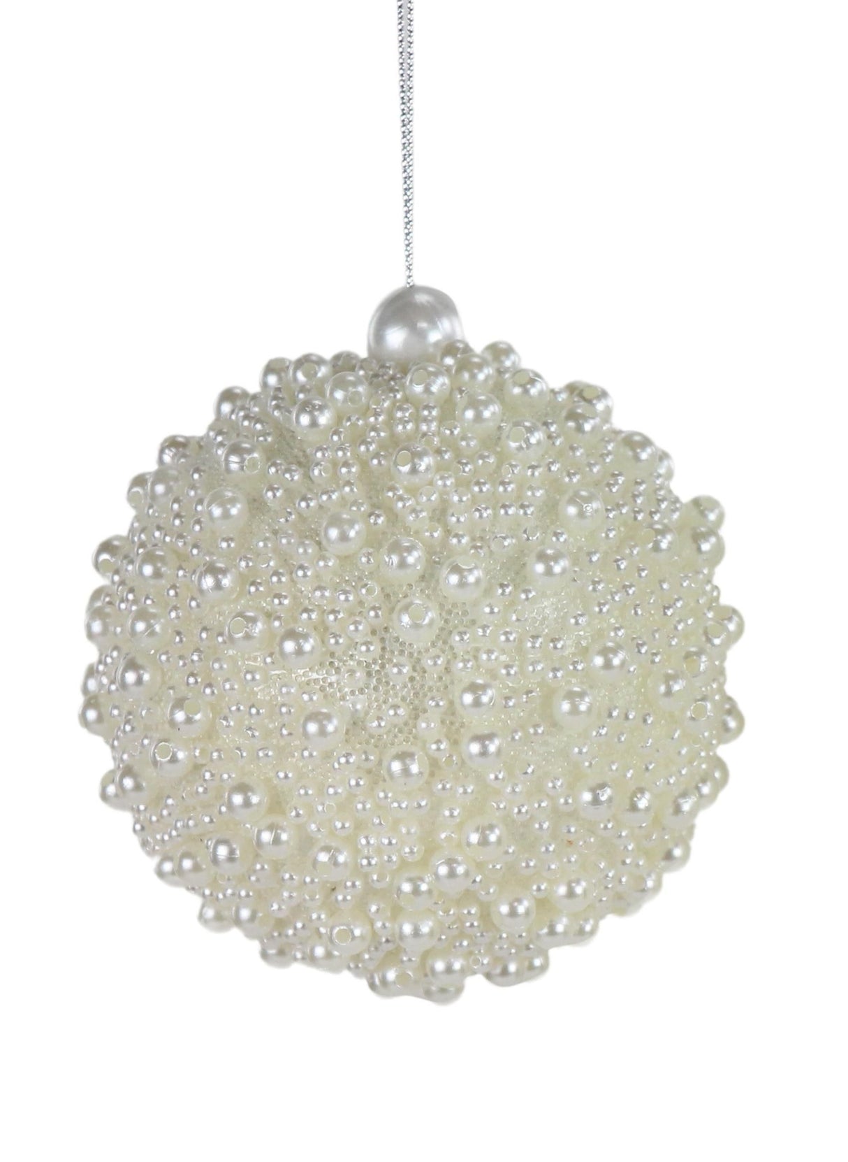 This is the round, ball ornament covered in pearl colored beads.