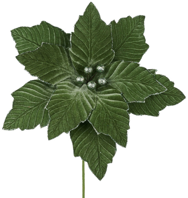 Sage Green colored poinsettia pick spray decoration. The petals are textured to look real. The edges of the petals are decorated with sage green glitter, as well as the center.