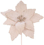 Champagne colored poinsettia pick spray. Textured to look real. Features champagne colored glitter around the petals and in the center.