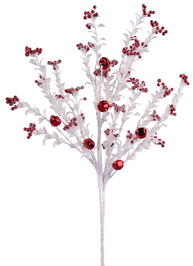 This image shows this pick spray up against a white background. The pick is a white stem with glittered white branches with small glitter leaves on them. Some of the branches are decorated with red jingle bells, in both small and large sizes.