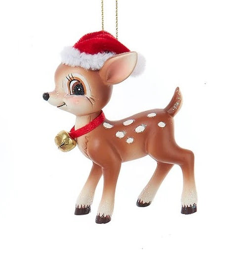 Each ornament is a brown colored reindeer with white dots, bright eyes, a red collar with a golden bell and a red Santa hat. There are three different options.