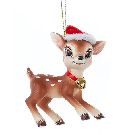 Each ornament is a brown colored reindeer with white dots, bright eyes, a red collar with a golden bell and a red Santa hat.