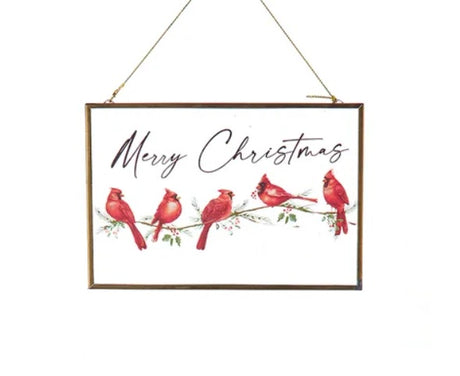 This ornament reads "Merry Christmas" and features five cardinals on a branch.