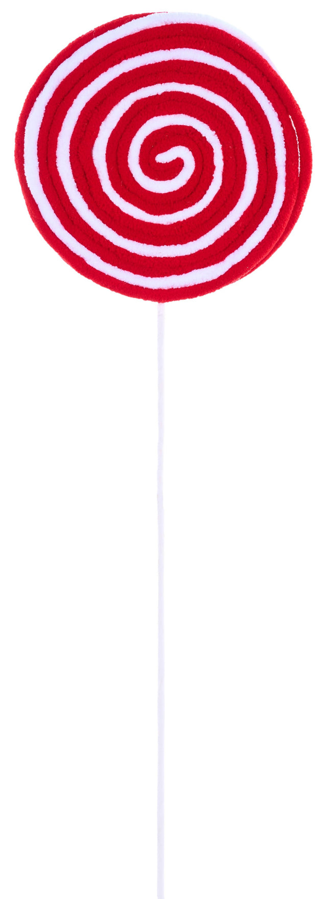This image shows a decorative pick spray designed to look like a red and white swirl lollipop.