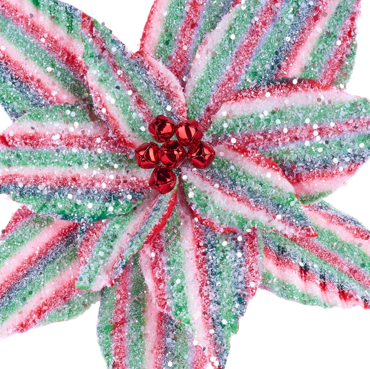 This is an up close view of the striped colors and the red bells in the center of the flower.