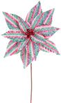 This image shows a decorative pick spray designed to look like a poinsettia flower. The petals are red, white and green striped and covered in glitter. The center of the flower features red bells.