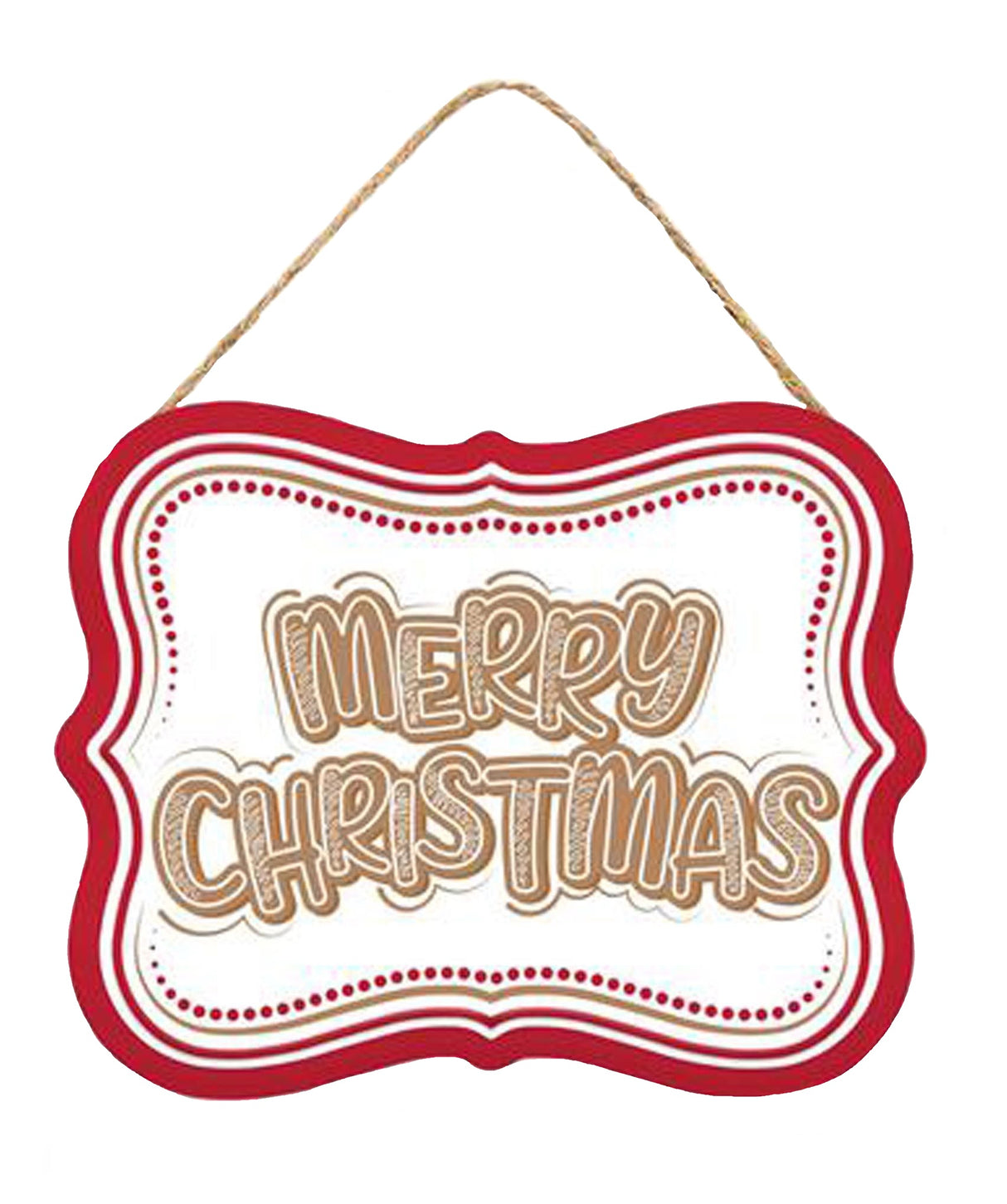This image shows the sign that is white with a red border and reads "Merry Christmas" in a gingerbread cookie-style font.