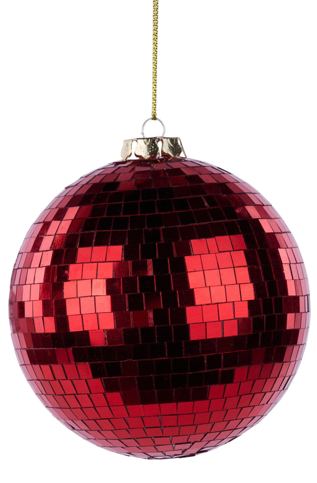 This image shows a round ornament decorated with red mirror tiles.