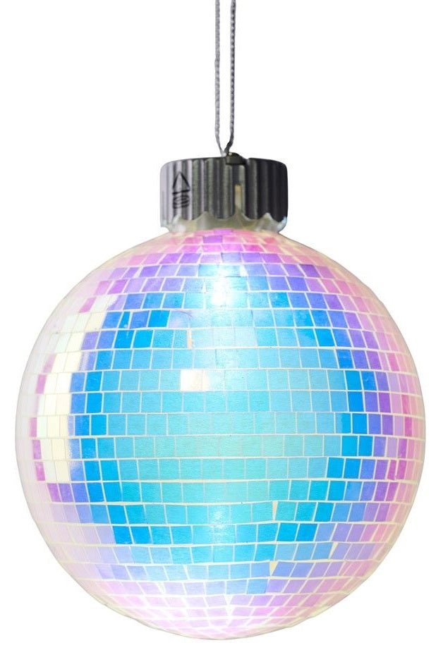 This image shows this mirror ball ornament hanging from a silver string.