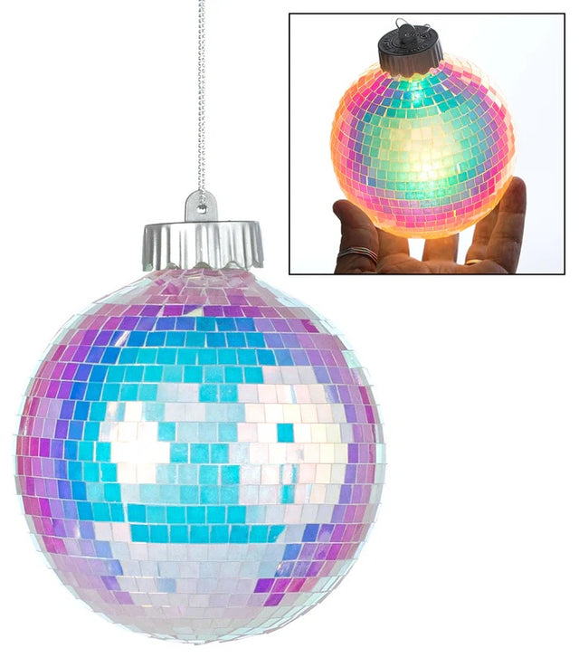 This image shows the mirror ball ornament with the lights off and the lights on.