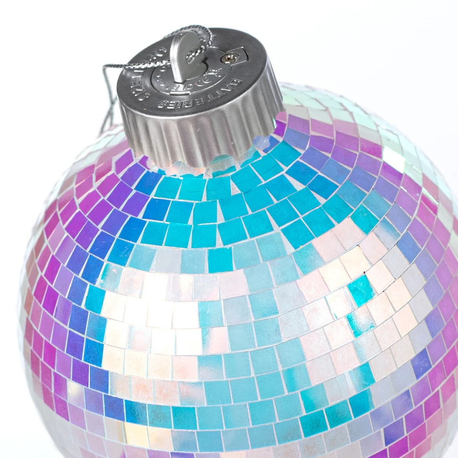 This is an up close view of the plastic mirror tiles on this plastic ornament.