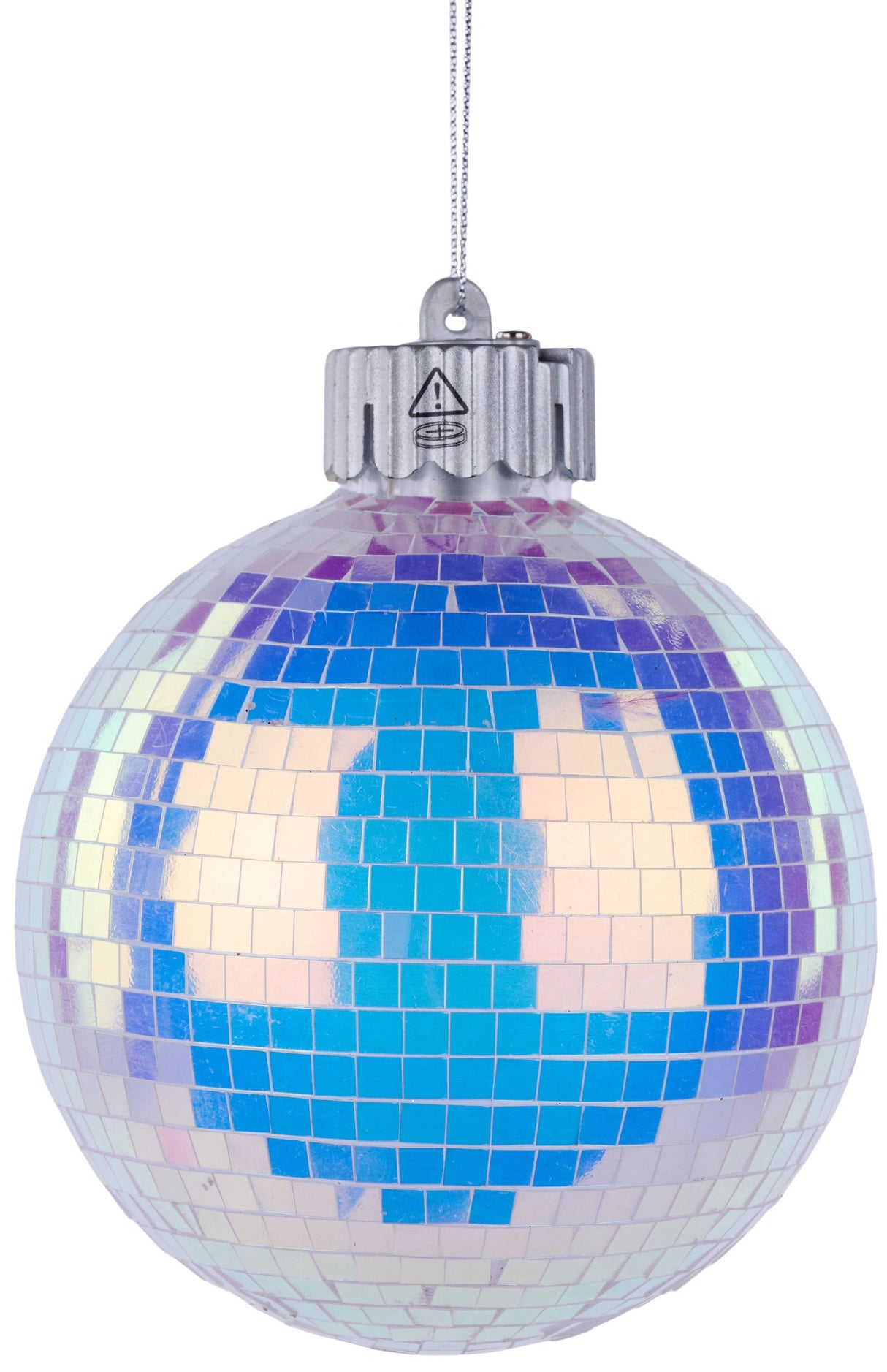 This image shows this mirror ball ornament hanging from a silver string.