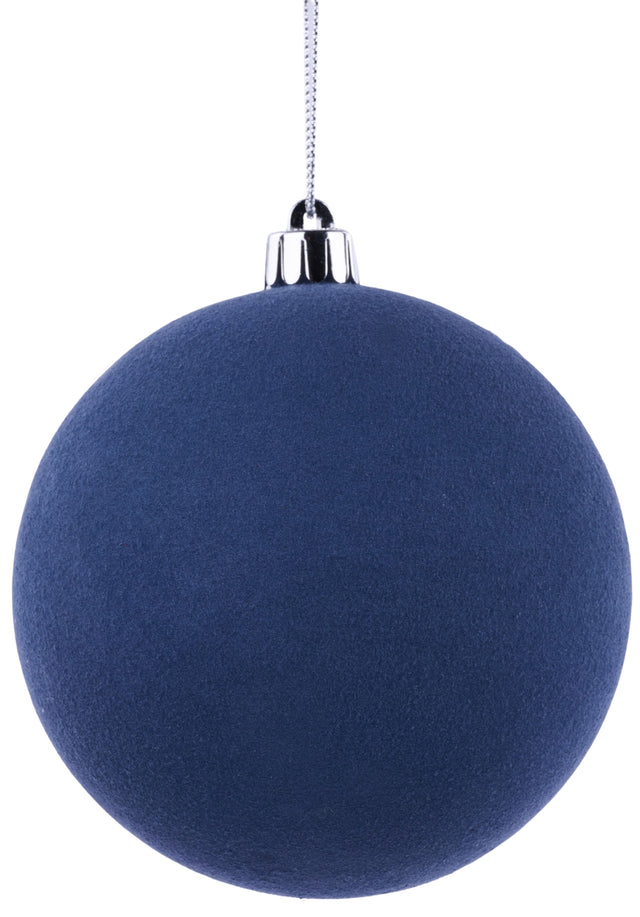 This image shows a dusty blue, smooth, round plastic ornament with a silver string.
