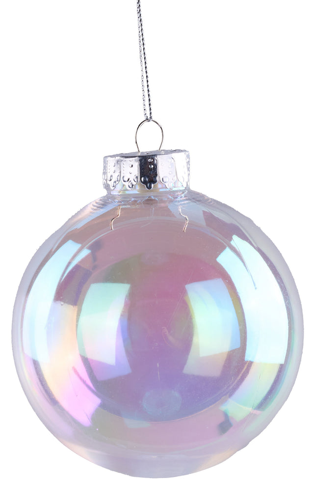 This image shows a round ornament. It's made out of iridescent clear plastic.