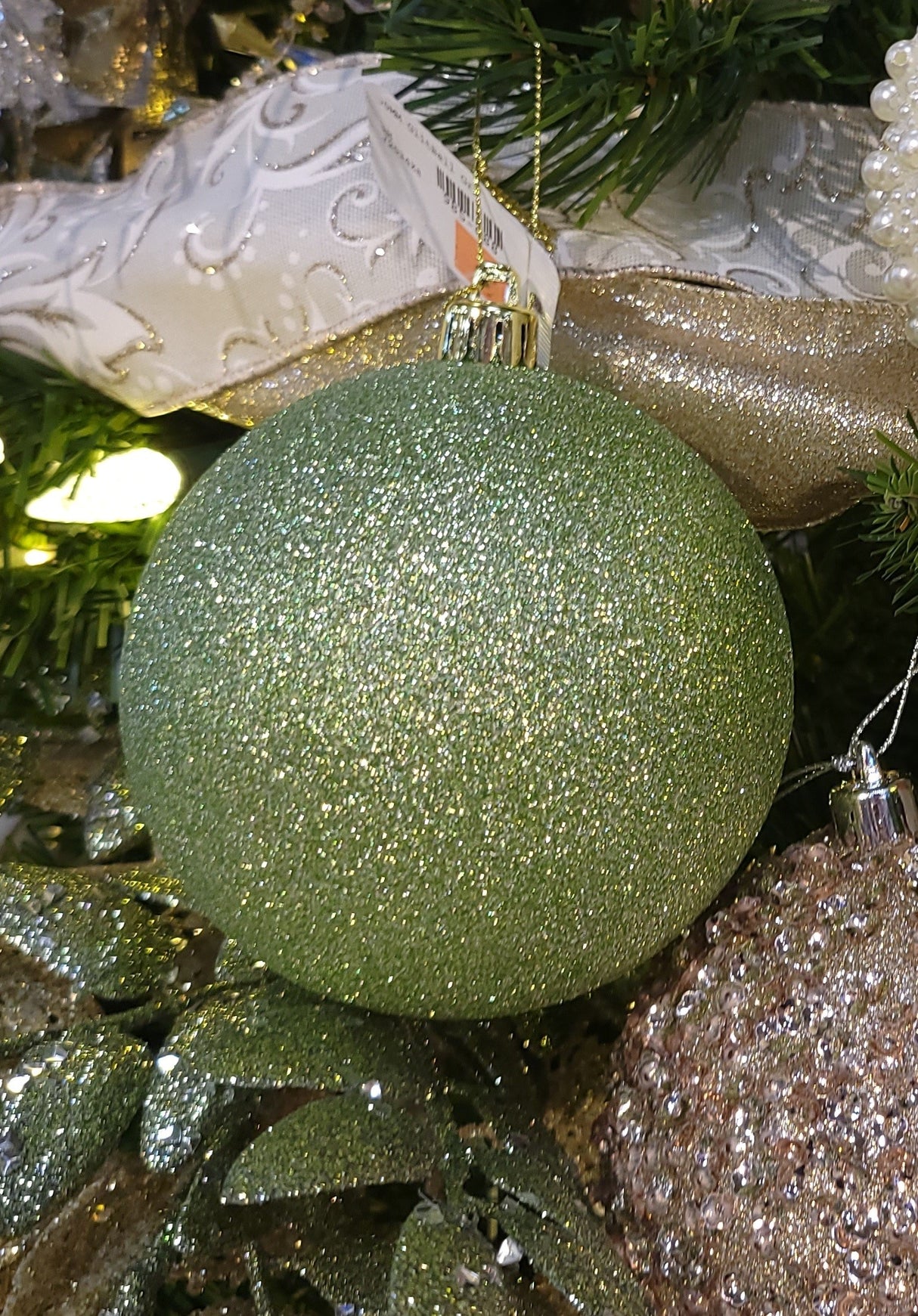100MM Sage Green Glitter Ball Ornament