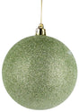 Round, ball ornament covered in sage green glitter. Hangs from a gold string.