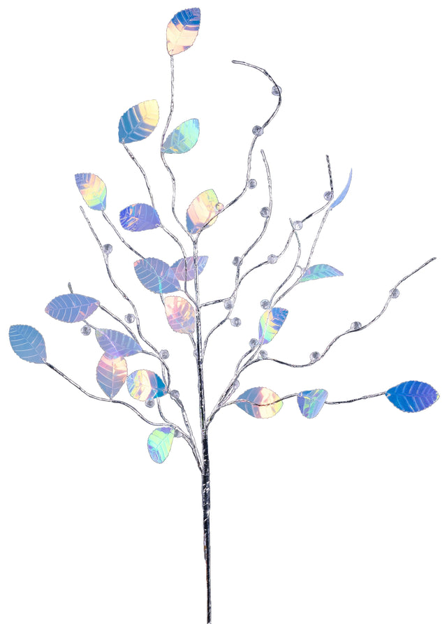 This image shows this specific floral pick spray made up of iridescent, reflective leaves and clear beads.
