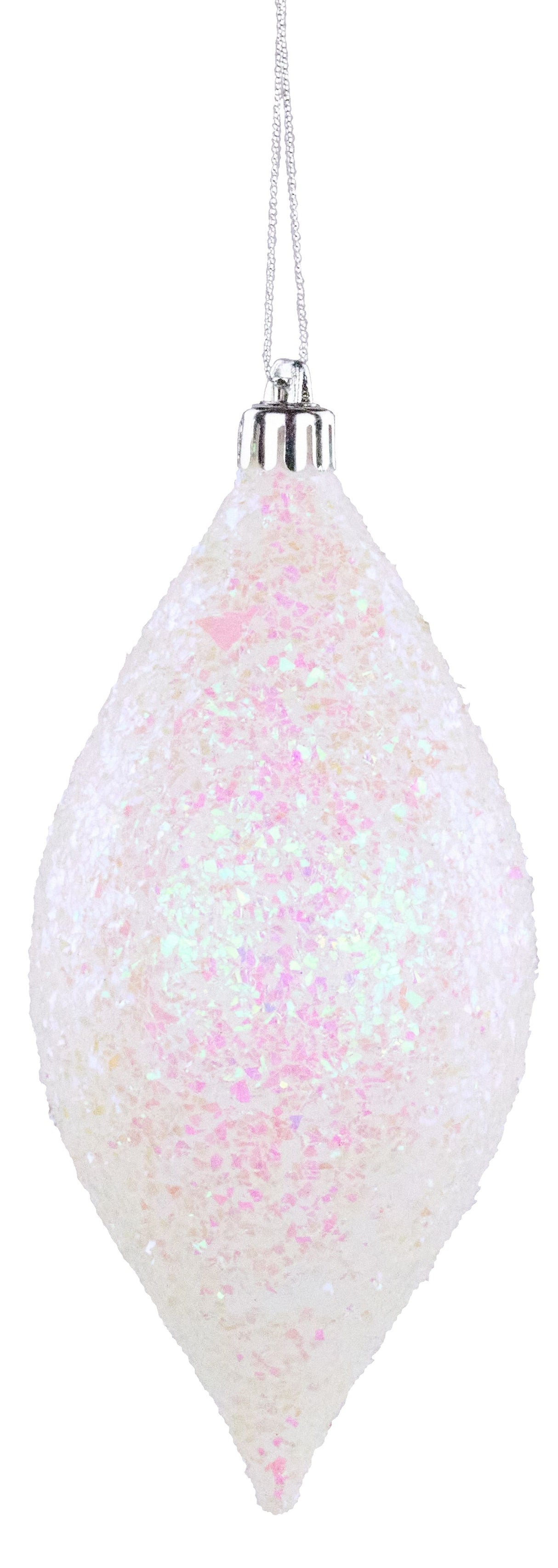 Finial shaped ornament covered in iridescent confetti glitter. It appears white and pink.