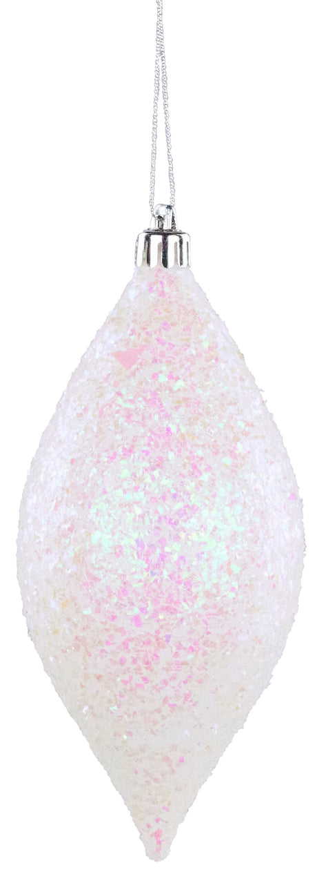 Finial shaped ornament covered in iridescent confetti glitter. It appears white and pink.