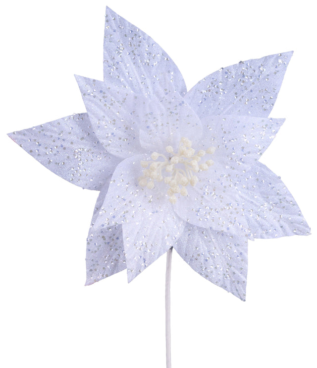 This is a white poinsettia pick spray decorated with silver glitter. It's textured to look real.