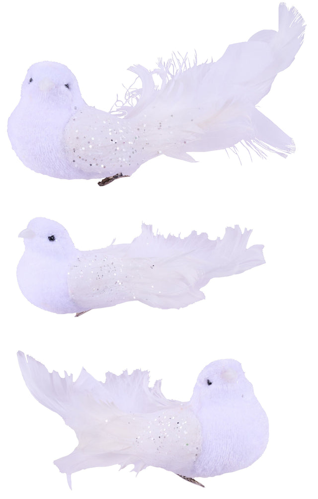 This image shows the three different options for this specific clip-on bird ornament. Each ornament features feathers and glitter and beaded black eyes.