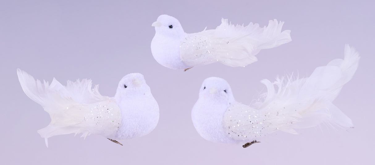 This image shows all three bird ornament options on a light purple background.