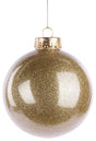 This image shows a gold glitter plastic ornament that was designed to look like it was made of glass. It has a gold cap and hangs from a gold string.