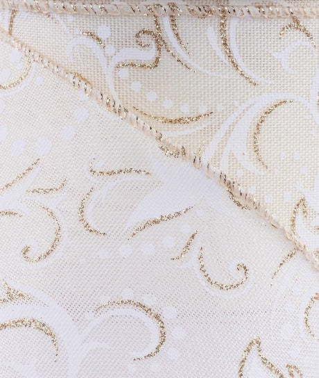This is an up close view of the shimmering champagne leaf swirl print design.