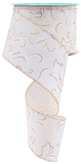 Decorative ribbon with an ivory base and a shimmering champagne leaf swirl print design.