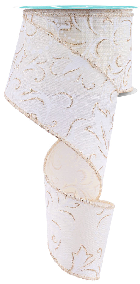 Decorative ribbon with an ivory base and a shimmering champagne leaf swirl print design.