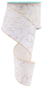 Decorative ribbon with an ivory base and a shimmering champagne leaf swirl print design.