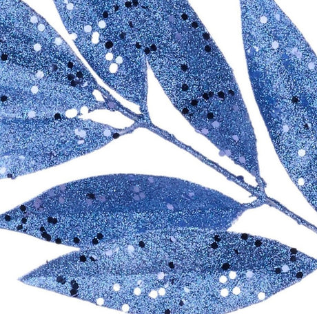 This is an up close view of the smoke blue glitter on the leaves of this pick spray.