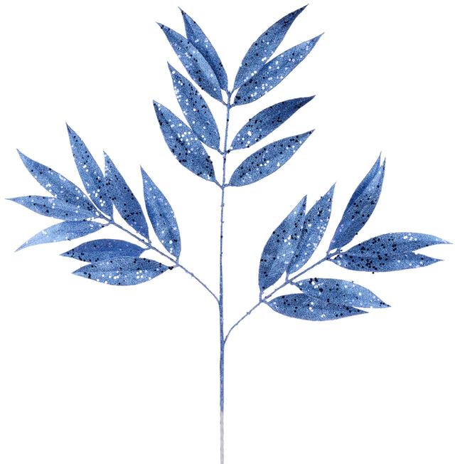 This image shows a pick spray with pointed bay leaves on a stem. The leaves are decorated with smoke blue glitter.