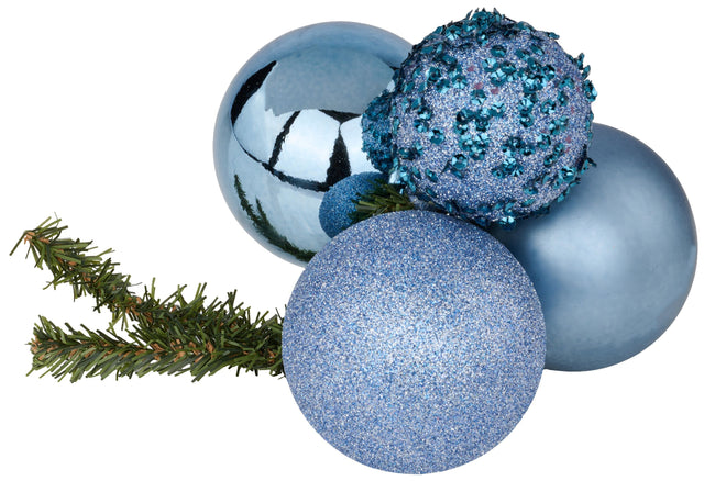 This image shows the smoke blue bauble cluster with a pine branch. One bauble is a shiny smoke blue color. One bauble is decorated with smoke blue tinsel. One bauble is decorated with smoke blue glitter. One bauble is a matte smoke blue color.