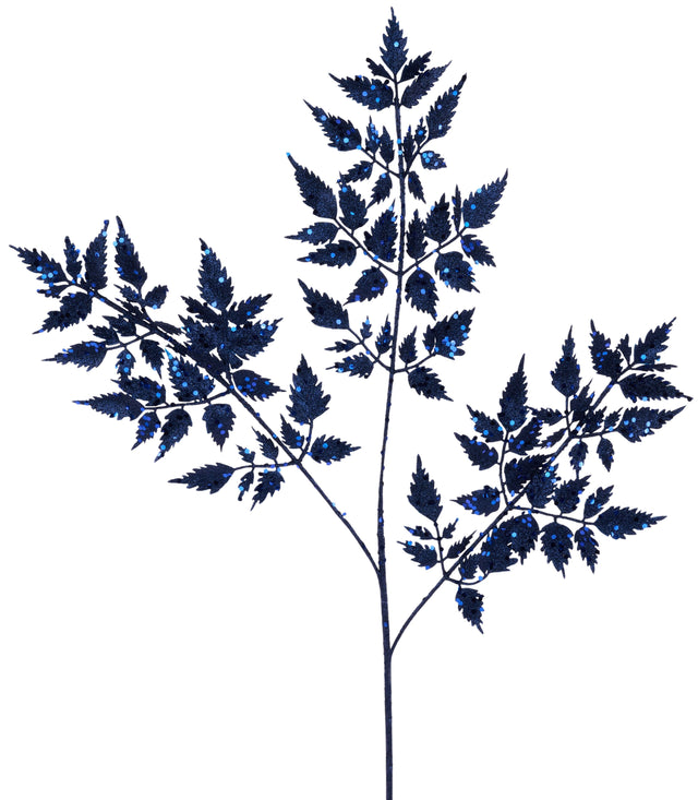 This image shows a decorative pick spray decorated with navy blue glitter. Designed to look like a stem with leaves.