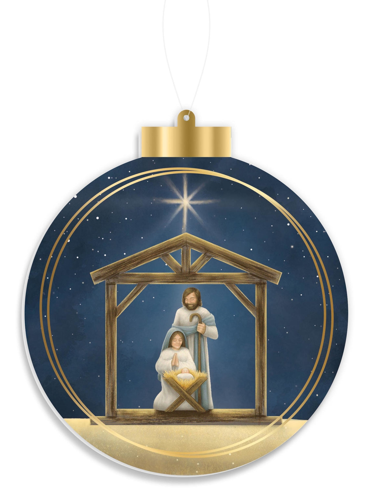 This image shows a navy ornament with Joseph and Mary and Jesus in a manger.