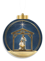 This image shows a navy ornament with Joseph and Mary and Jesus in a manger.