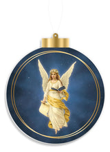This image shows a navy ornament with a gold angel in the center. She's holding a book and a scroll.
