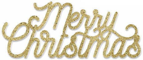 This image shows the gold glitter polymer tabletop decoration that reads "Merry Christmas" in a cursive font.