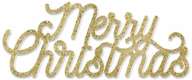 This image shows the gold glitter polymer tabletop decoration that reads "Merry Christmas" in a cursive font.