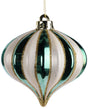 This is an onion shaped ornament decorated with Sage Green, Cream and Gold Glitter colored stripes.