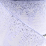 This is an up close view of this specific ribbon. You can see the silver glitter, the white pine tree silhouettes and the snowflakes.