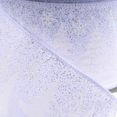 This is an up close view of this specific ribbon. You can see the silver glitter, the white pine tree silhouettes and the snowflakes.