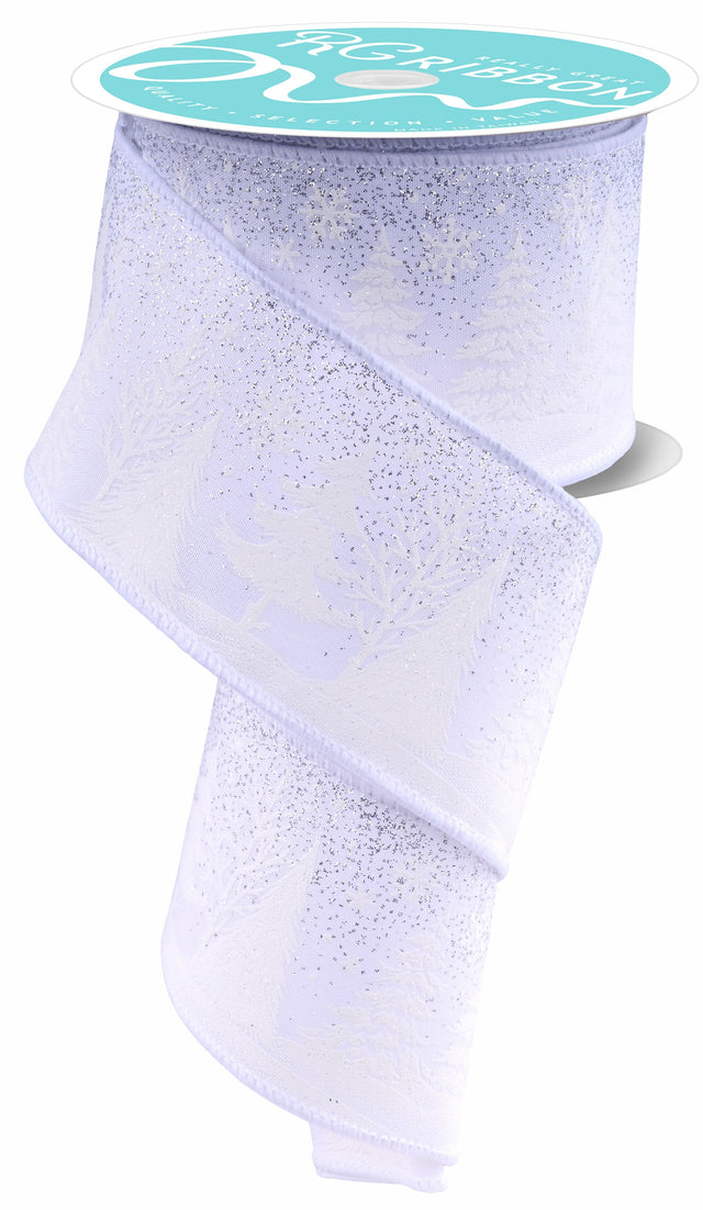 This image shows the Glitter Ribbon that features a design of snowflakes and pine trees. A layer of foamed white glue with high-density print glitter creates a dimensional, snowy effect, while additional print glitter adds extra sparkle.