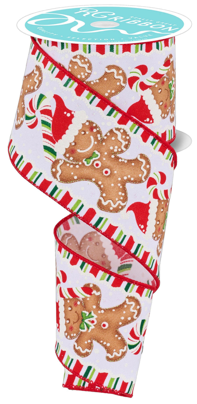 This image shows a white ribbon with brown gingerbread men wearing red Santa hats surrounded by peppermint candy accents.