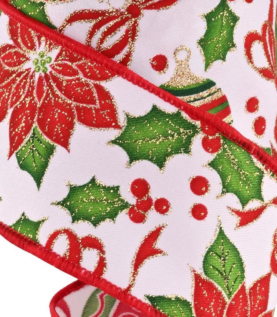 This is an up close view of the ribbon. The poinsettias have gold glitter accents and small green berries in the center. The ornaments have gold caps and feature green, red and gold stripes. 