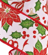 This is an up close view of the ribbon. The poinsettias have gold glitter accents and small green berries in the center. The ornaments have gold caps and feature green, red and gold stripes. 