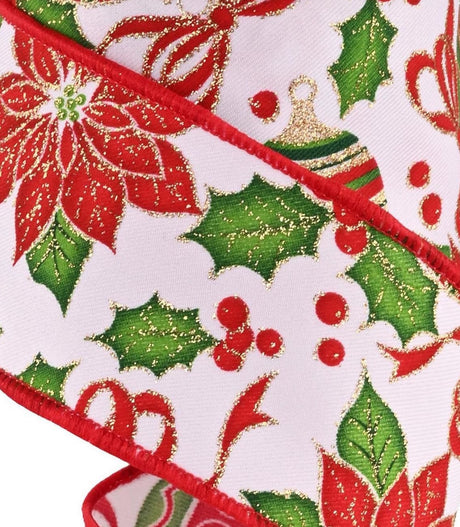 This is an up close view of the ribbon. The poinsettias have gold glitter accents and small green berries in the center. The ornaments have gold caps and feature green, red and gold stripes. 